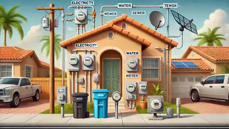 A house in a residential area with various energy and utility connections, such as electricity meters and solar panel, as well as satellite dish and trash bins in front of the door.
