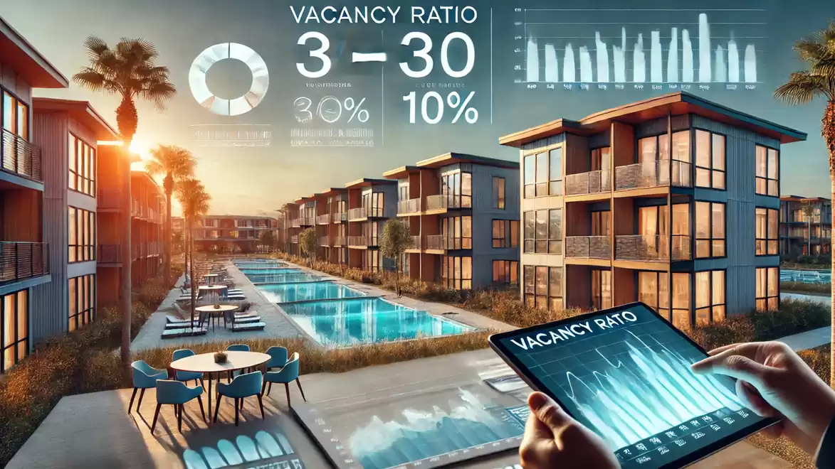 A modern residential complex with several buildings and pools at sunset. A person holds a tablet displaying a vacancy ratio chart.