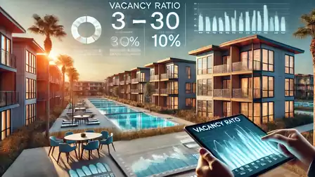 A modern residential complex with several buildings and pools at sunset. A person holds a tablet displaying a vacancy ratio chart.