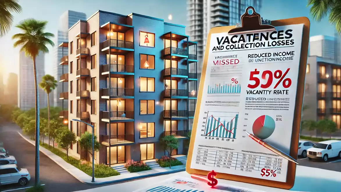 Illustration of a modern residential building with charts and graphs about vacancy rates on a clipboard.