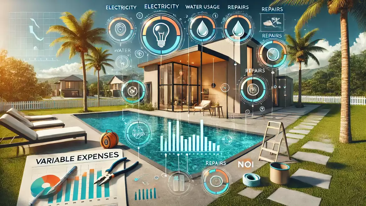 Smart house with garden pool and digital visualizations of electricity use, water consumption, and repairs.