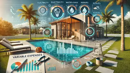 Smart house with garden pool and digital visualizations of electricity use, water consumption, and repairs.