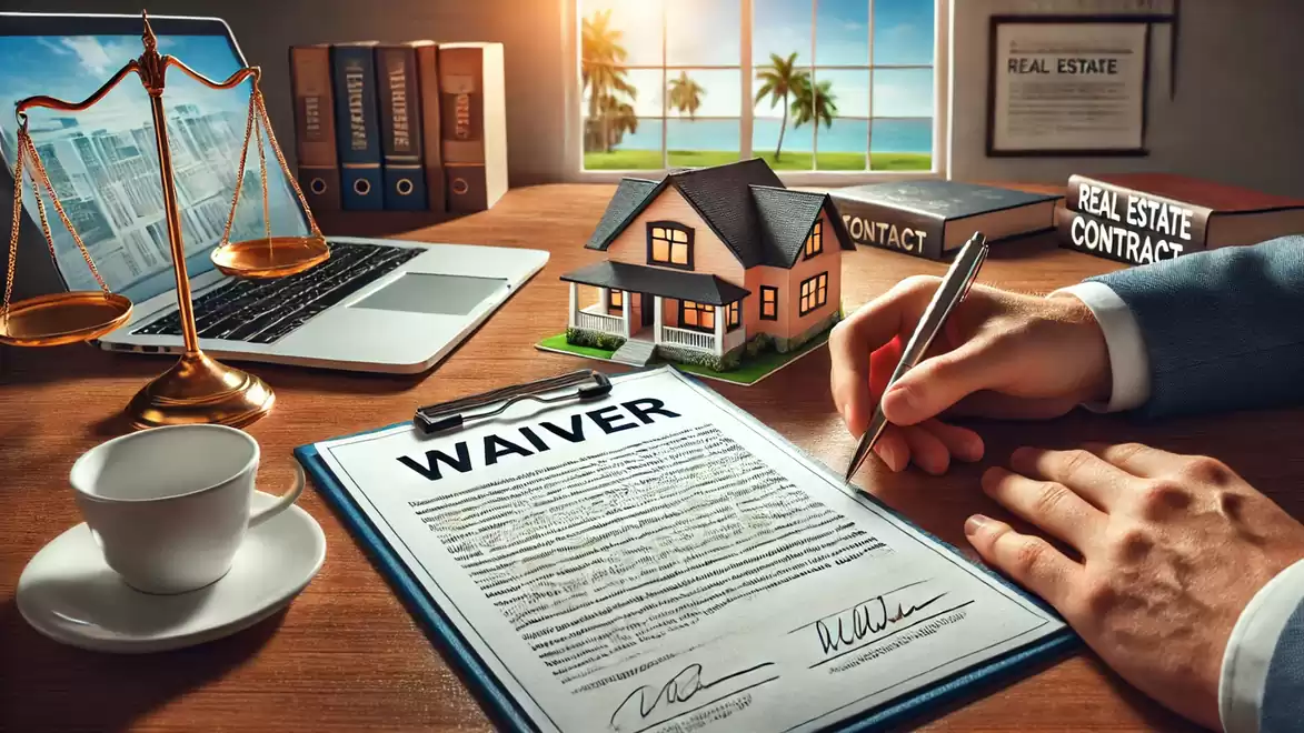 A desk with a laptop, a waiver document, a scale, and a model house, while someone is signing.