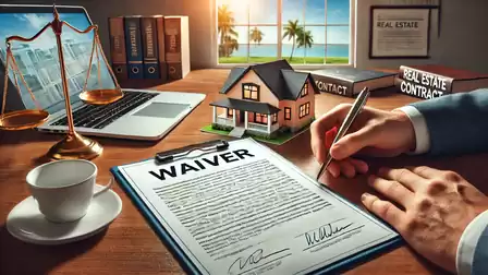 A desk with a laptop, a waiver document, a scale, and a model house, while someone is signing.