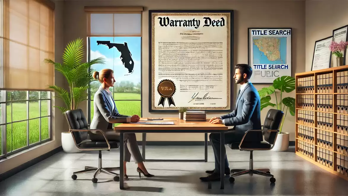 A man and a woman are sitting across from each other in a modern office. On the wall hangs a certificate labeled 'Warranty Deed'. In the background are shelves with files and a window overlooking green fields.