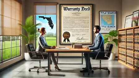 A man and a woman are sitting across from each other in a modern office. On the wall hangs a certificate labeled 'Warranty Deed'. In the background are shelves with files and a window overlooking green fields.