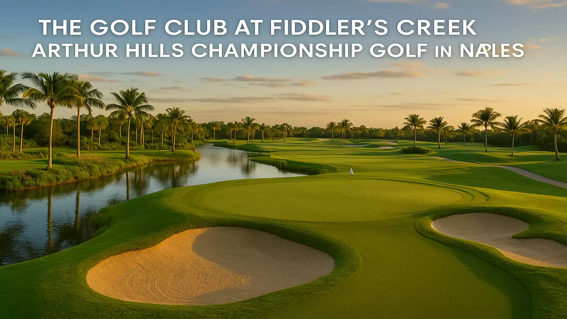 Golf course with palm trees and bunkers at sunset at Fiddler's Creek, featuring the text 'The Golf Club at Fiddler's Creek, Arthur Hills Championship Golf in Naples'.