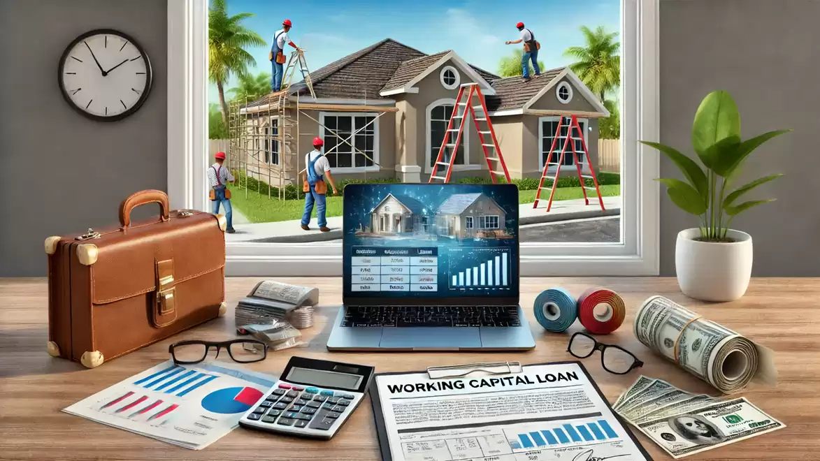 A desk full of financial documents with a laptop and a window view of a house under construction. Construction workers are working on the roof. The desk displays charts, a calculator, and rolls of money.