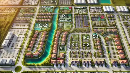 3D map view of an urban plan with residential and commercial areas, green spaces, and waterways.