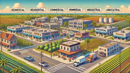 Illustration of a town with different areas such as commercial, industrial, agricultural, and residential zones.