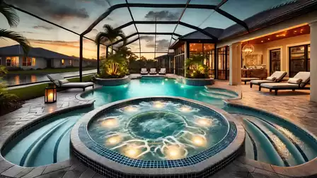 Luxurious outdoor area with illuminated pool and hot tub at sunset, surrounded by palm trees.