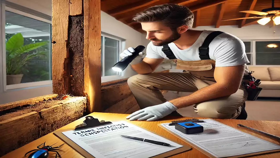 A man in work clothes inspects wood for termite damage in a house, holding a flashlight with documents on a table.