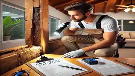 A man in work clothes inspects wood for termite damage in a house, holding a flashlight with documents on a table.