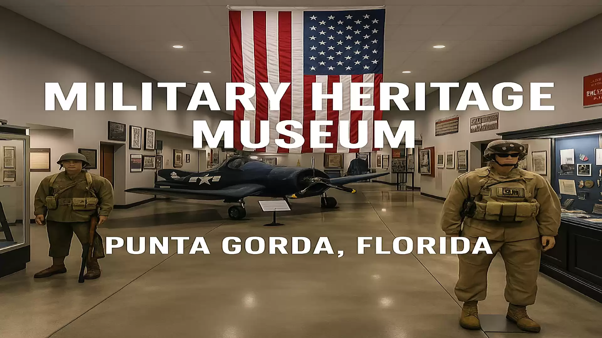 Interior view of the Military Heritage Museum in Punta Gorda, Florida, featuring an American flag, a historic aircraft, and two military figures.