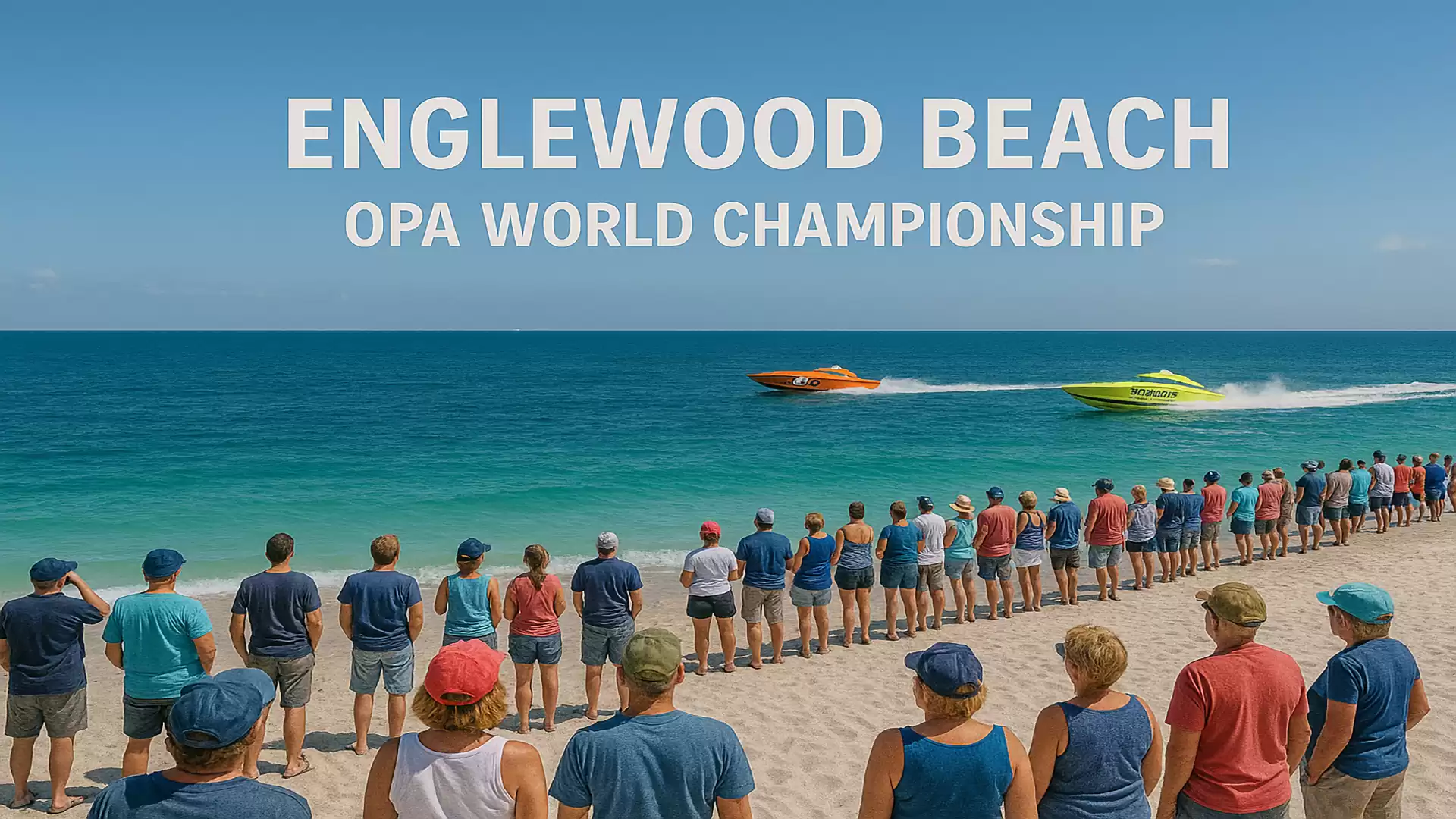 People on the beach watching a boat race with the words 'Englewood Beach OPA World Championship' in the background.