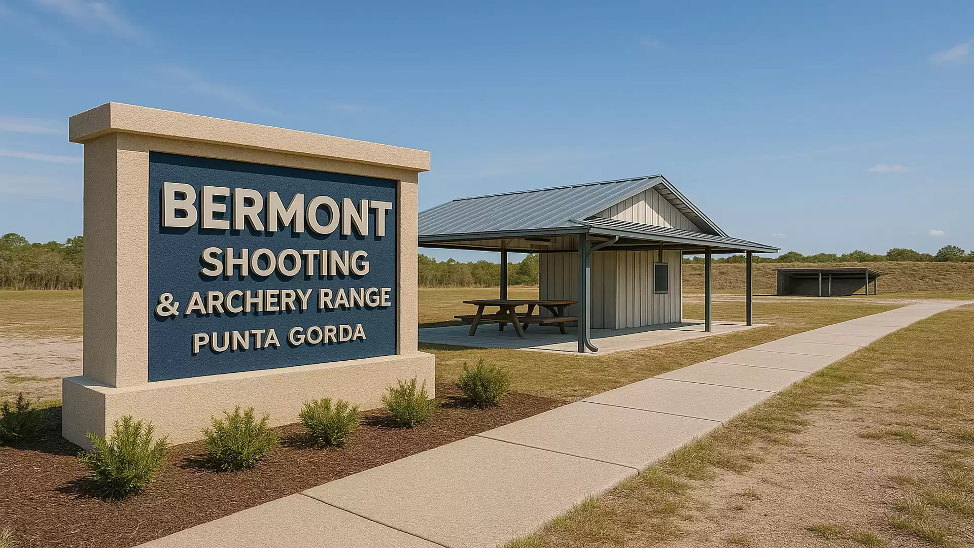 Exterior view of Bermont Shooting & Archery Range in Punta Gorda with a sign and a small covered building on a sunny day.