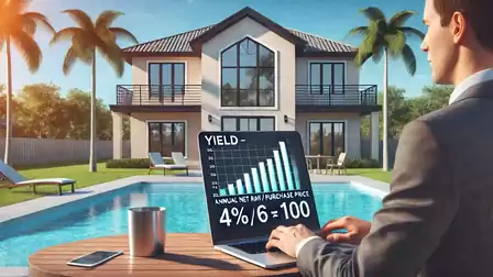A businessman views yield charts on a laptop in front of a luxurious villa with a pool.