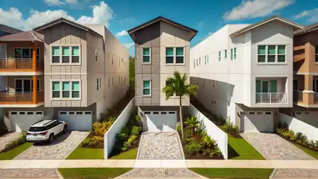 Modern townhouses with clean lines and landscaped front gardens under a blue sky.