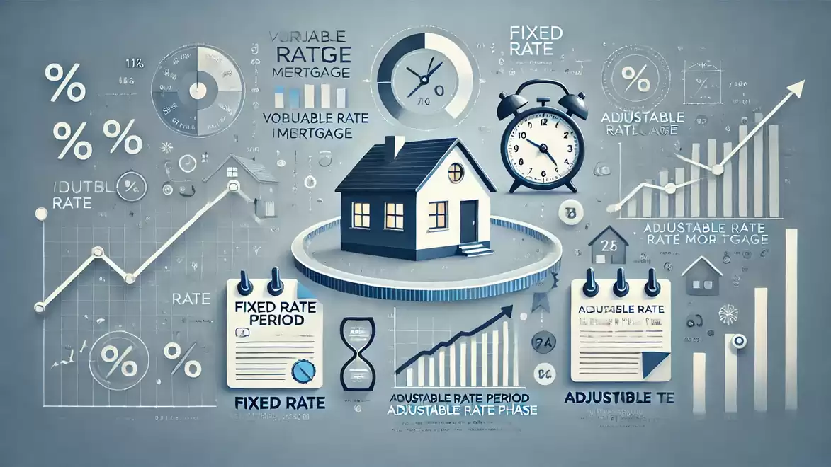 Illustration of a house at the center of a financial chart with percentages and diagrams representing different mortgage rates.