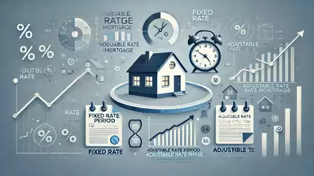 Illustration of a house at the center of a financial chart with percentages and diagrams representing different mortgage rates.