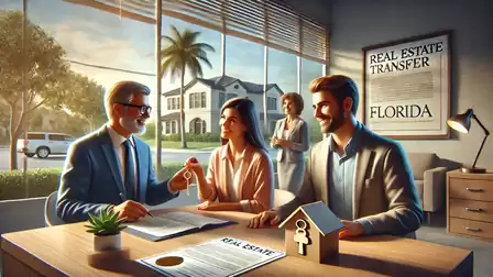 A business meeting in an office where a man hands house keys to a couple. In the background, a modern building with palm trees is visible.