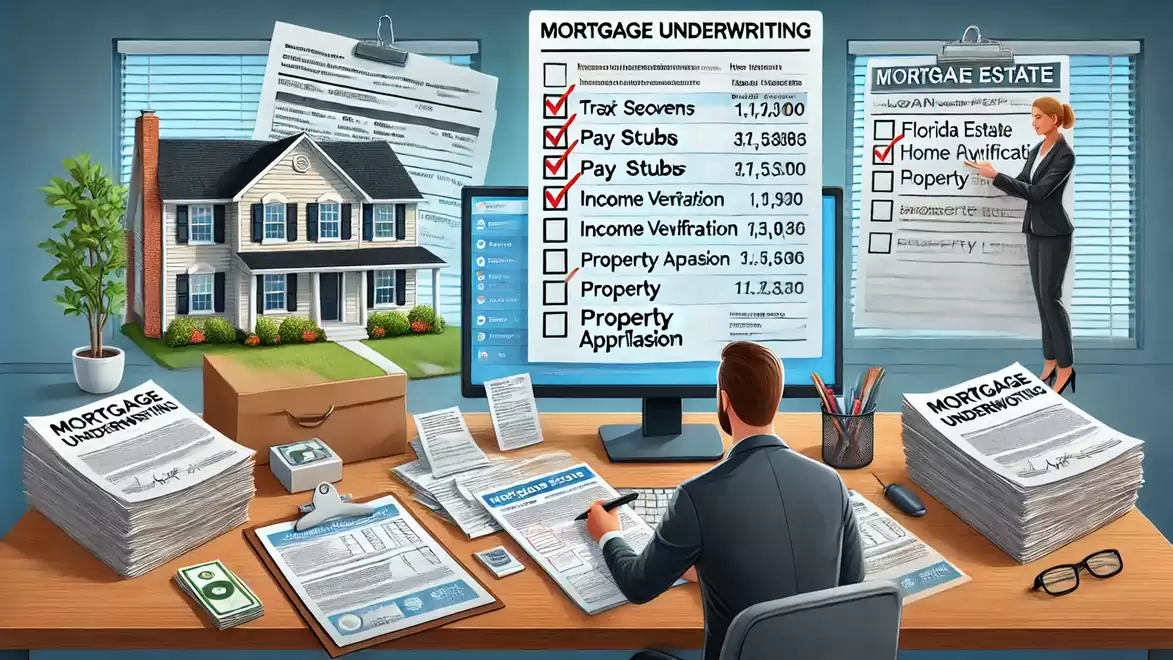 An office with a man sitting at a desk surrounded by papers and documents, with a model house in the background. A person stands at a whiteboard with mortgage underwriting notes.