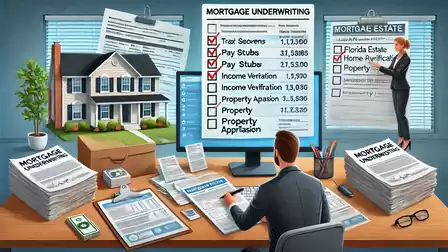An office with a man sitting at a desk surrounded by papers and documents, with a model house in the background. A person stands at a whiteboard with mortgage underwriting notes.