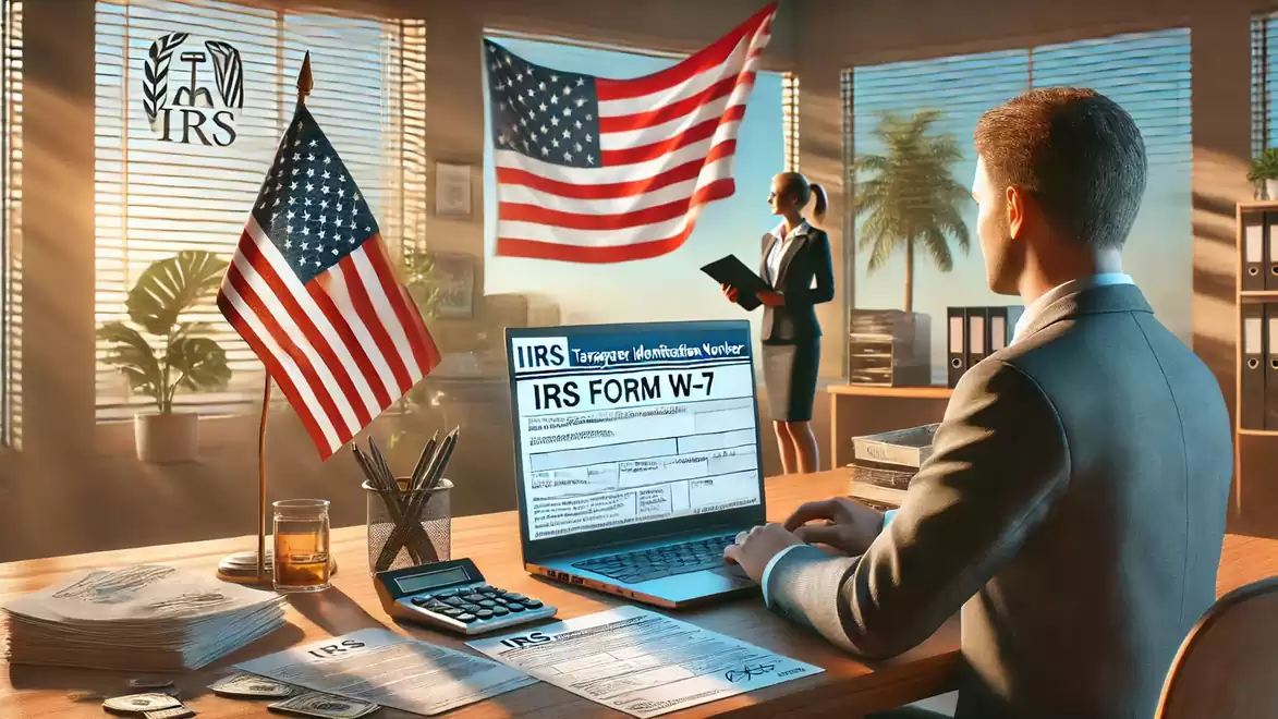 A man is sitting at a desk with a laptop displaying the IRS form W-7. In the background, US flags are waving and a woman is standing with a clipboard.