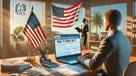 A man is sitting at a desk with a laptop displaying the IRS form W-7. In the background, US flags are waving and a woman is standing with a clipboard.