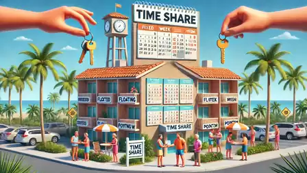 A colorful illustration of a timeshare building with several people gathered around and two hands holding keys. Palm trees and the sea are visible in the background.