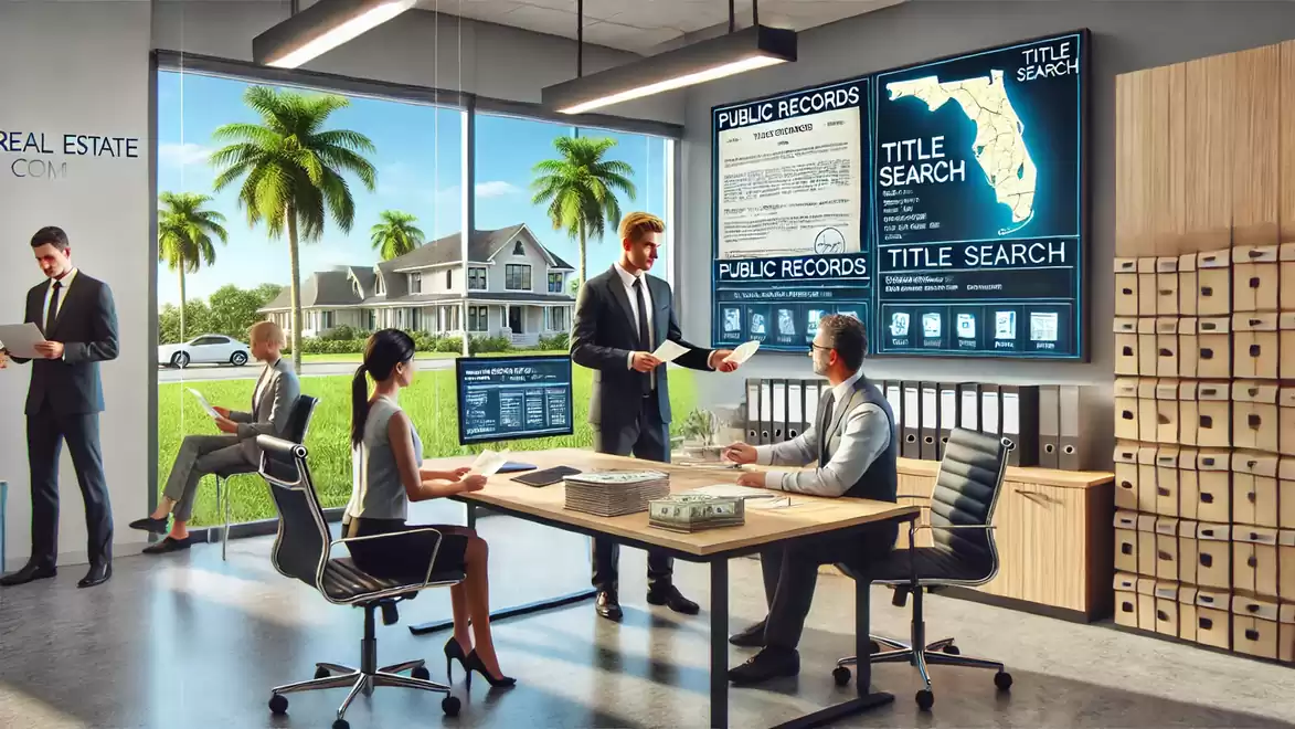 Office with several people discussing real estate documents. A large window shows palm trees and a house in the background.