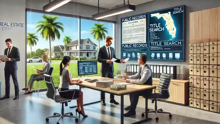 Office with several people discussing real estate documents. A large window shows palm trees and a house in the background.