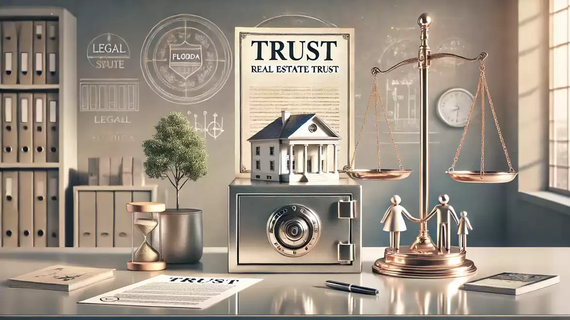 A desk with a safe featuring a miniature house on top. Next to it are a scale, an hourglass, and other symbols representing trust and law.