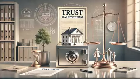 A desk with a safe featuring a miniature house on top. Next to it are a scale, an hourglass, and other symbols representing trust and law.