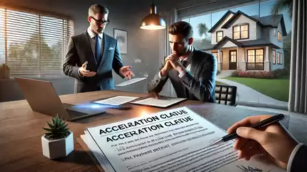 Businessmen discussing contract clause in modern office with illuminated house.