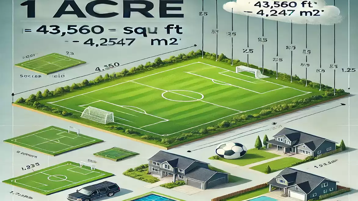 Diagram shows the dimensions of an acre with various area comparisons like soccer and tennis fields, converted to square feet and square meters.