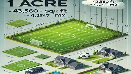 Diagram shows the dimensions of an acre with various area comparisons like soccer and tennis fields, converted to square feet and square meters.