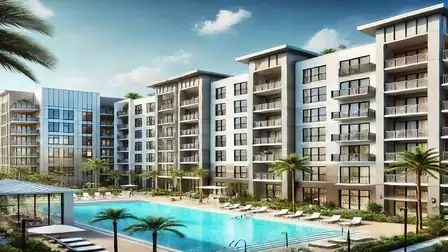 Modern residential complex with a large outdoor pool, surrounded by palm trees and tall buildings under a clear blue sky.