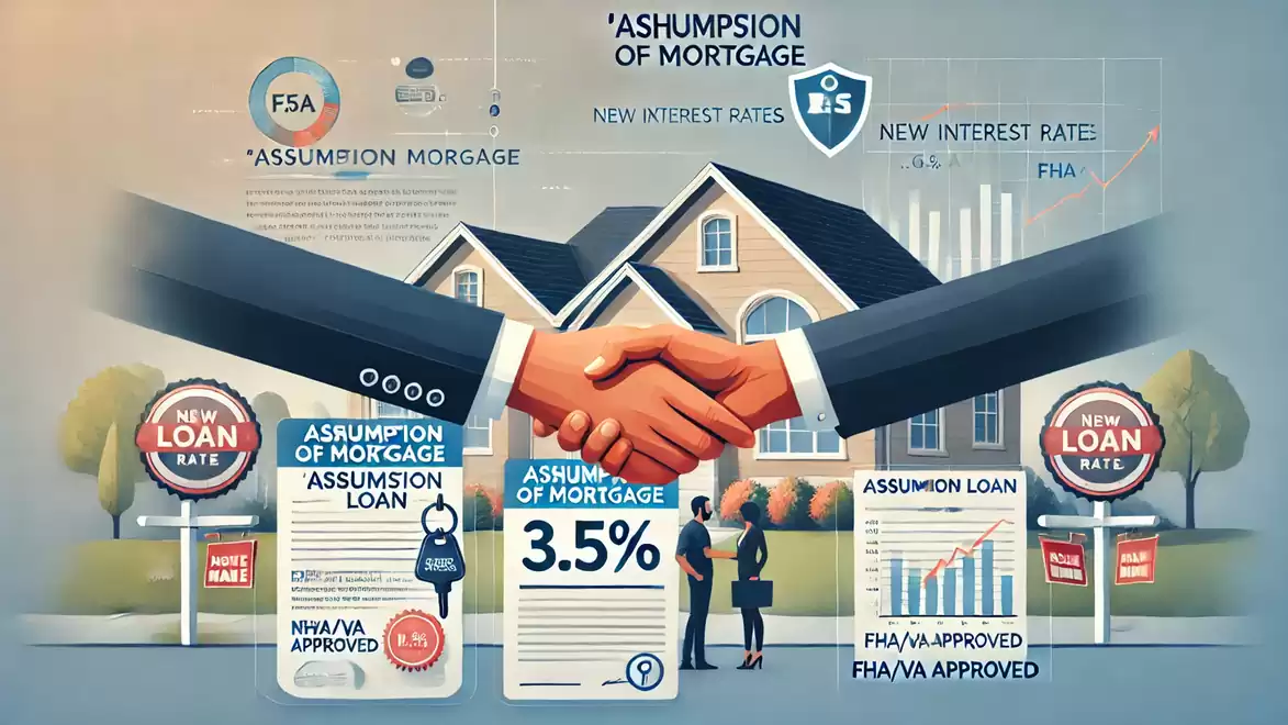 Illustration of a home purchase with a handshake in the foreground representing a mortgage, along with various financial and mortgage symbols in the background.