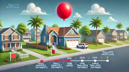 Illustration of a residential neighborhood with houses and palm trees, depicting a balloon mortgage with a large red balloon over a house.