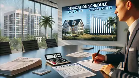 Office scene with a man sitting at a table, reviewing documents and taking notes. In the background, there's a presentation showing a building and a depreciation schedule. Windows reveal a modern cityscape with palm trees.