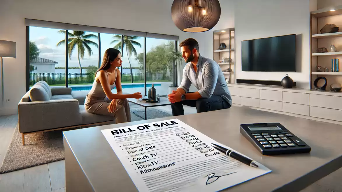 Two people sitting in a modern living room overlooking the pool. A bill of sale is on the table.