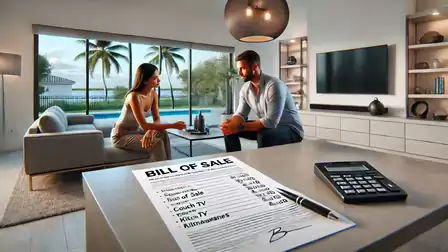 Two people sitting in a modern living room overlooking the pool. A bill of sale is on the table.