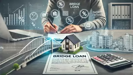 A conceptual image of a bridge loan shows a person signing documents, with financial symbols and a miniature house model on a table.