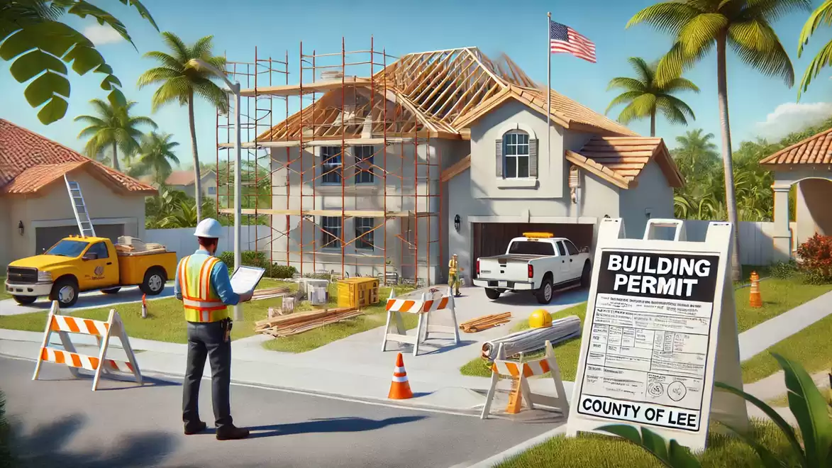 A construction worker stands in front of a house under construction. The roof is being erected. Construction vehicles and materials are scattered around the building. A sign reading 'Building Permit' is clearly visible.
