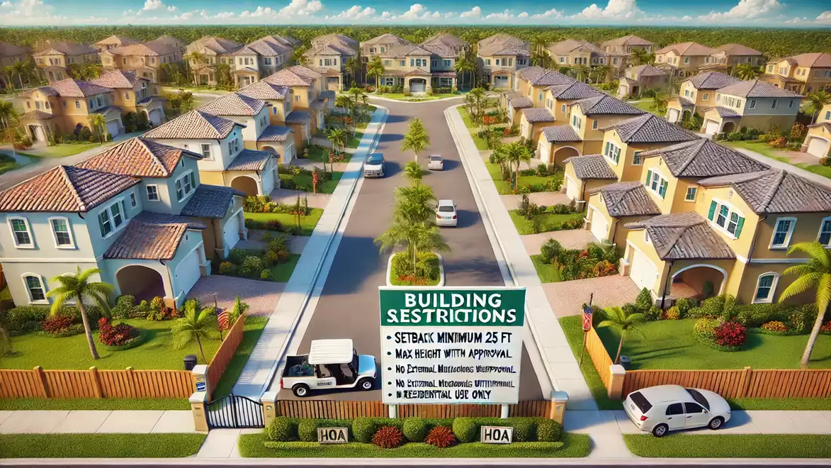 Aerial view of a modern residential neighborhood with uniformly arranged single-family homes, well-kept gardens, and a central street. A sign displays building restrictions.