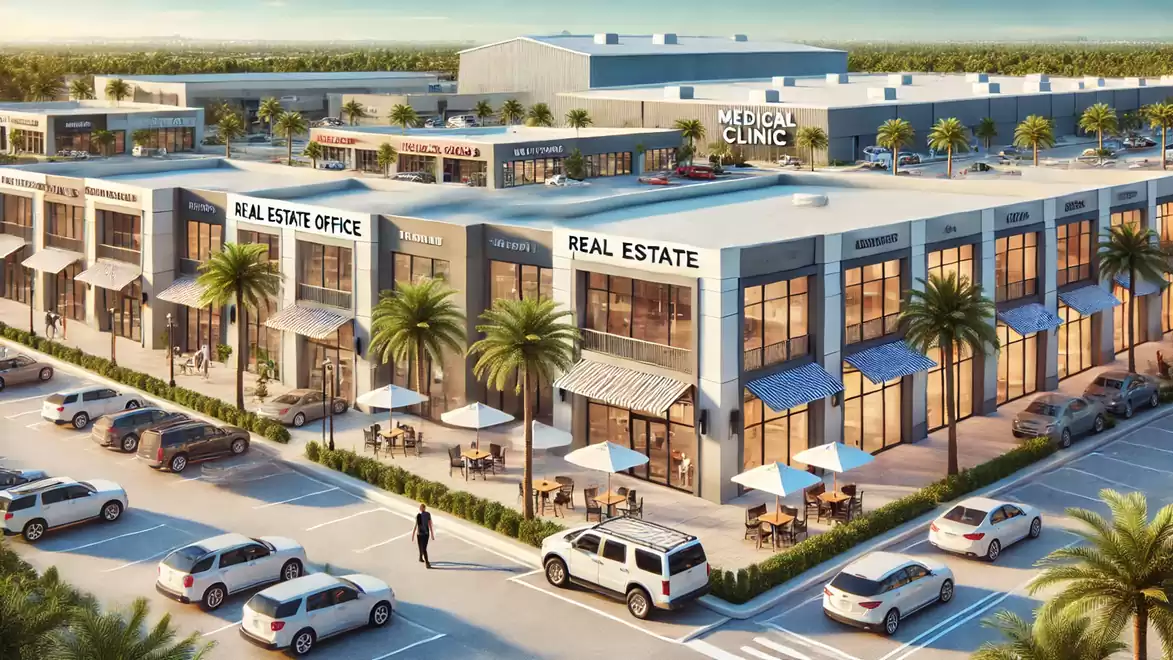 Modern shopping center with a medical clinic and real estate office, surrounded by palm trees and parked cars.