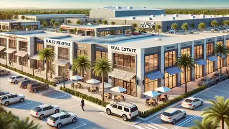 Modern shopping center with a medical clinic and real estate office, surrounded by palm trees and parked cars.