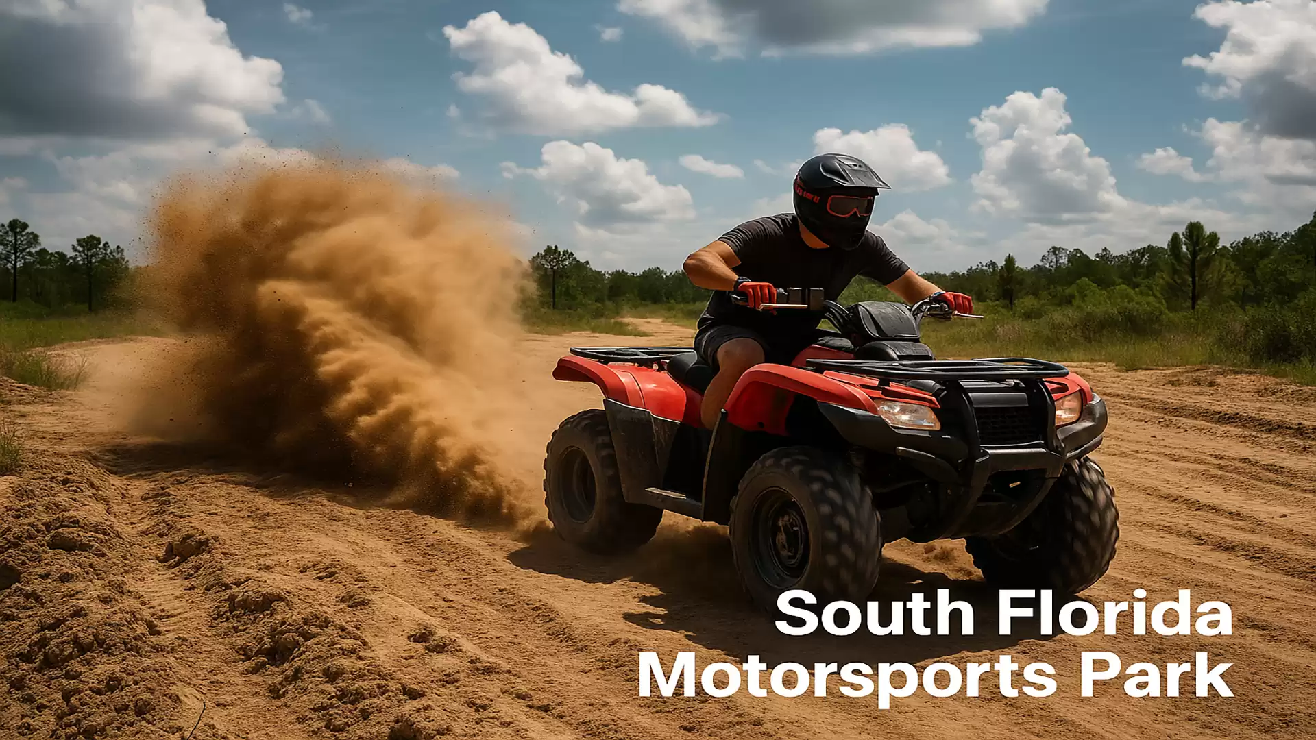 A man rides a red ATV on a dusty off-road track in South Florida Motorsports Park under a blue sky with clouds.
