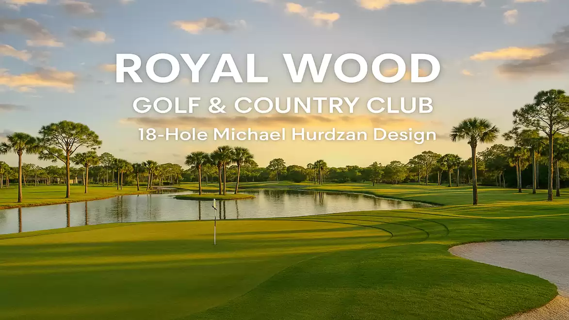Panoramic view of Royal Wood Golf & Country Club at sunset, showcasing well-maintained greens and palm trees.